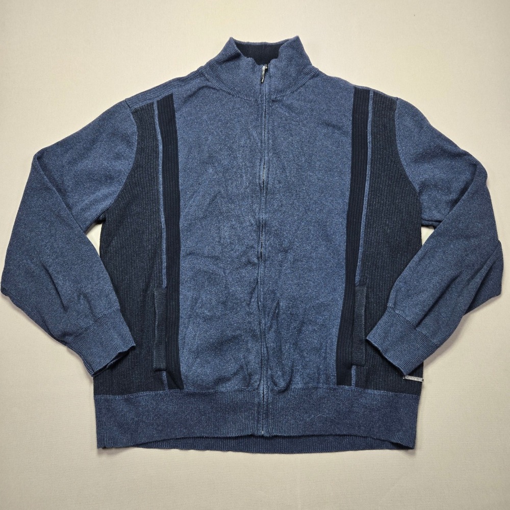 Calvin Klein Full Zip Metal Logo Sweater Jacket Knit Ribbed Trim Blue Men's XL